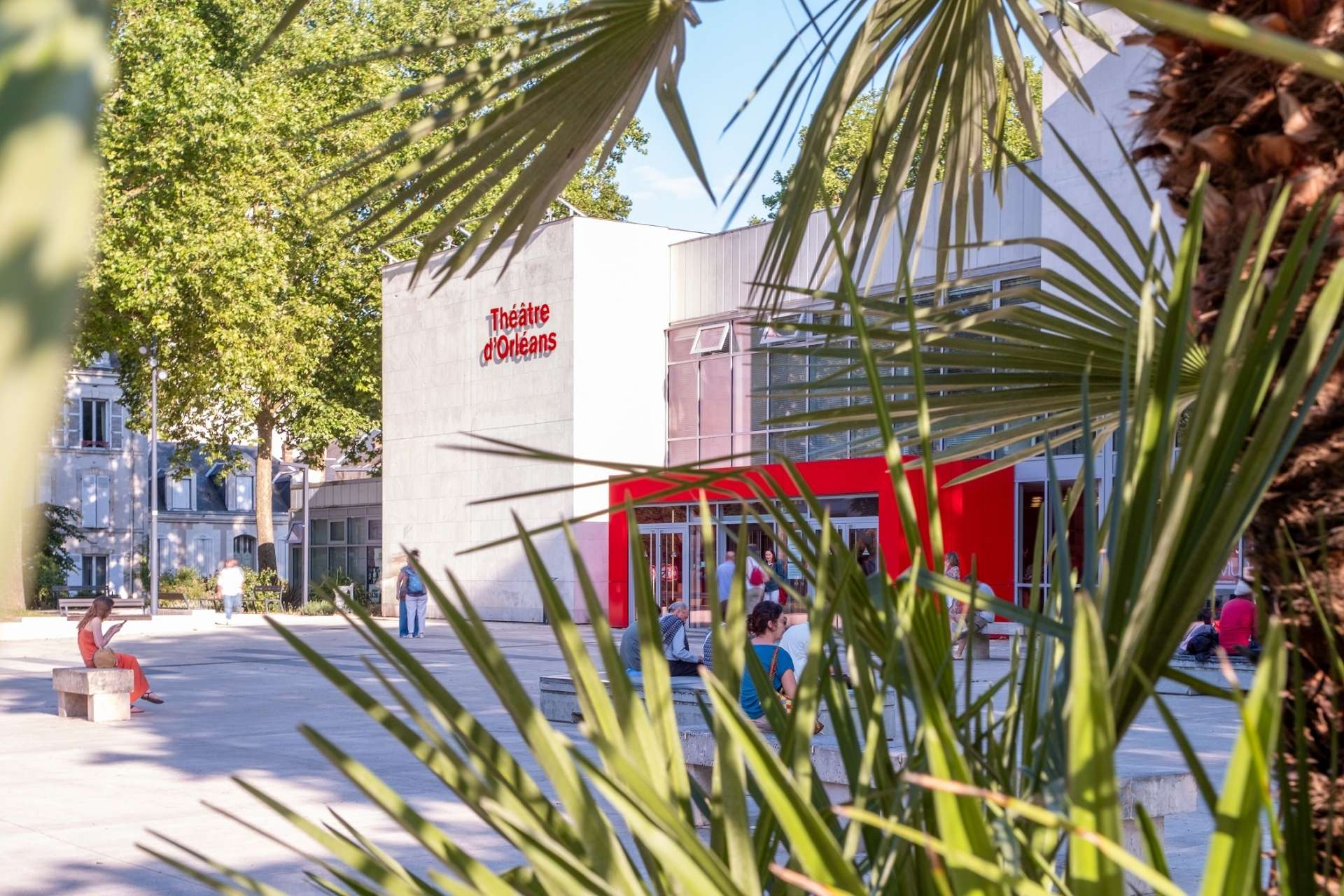 Façade du Théâtre d'Orléans prise avec un grand soleil et à travers les branches des palmiers présents sur le parvis. 
