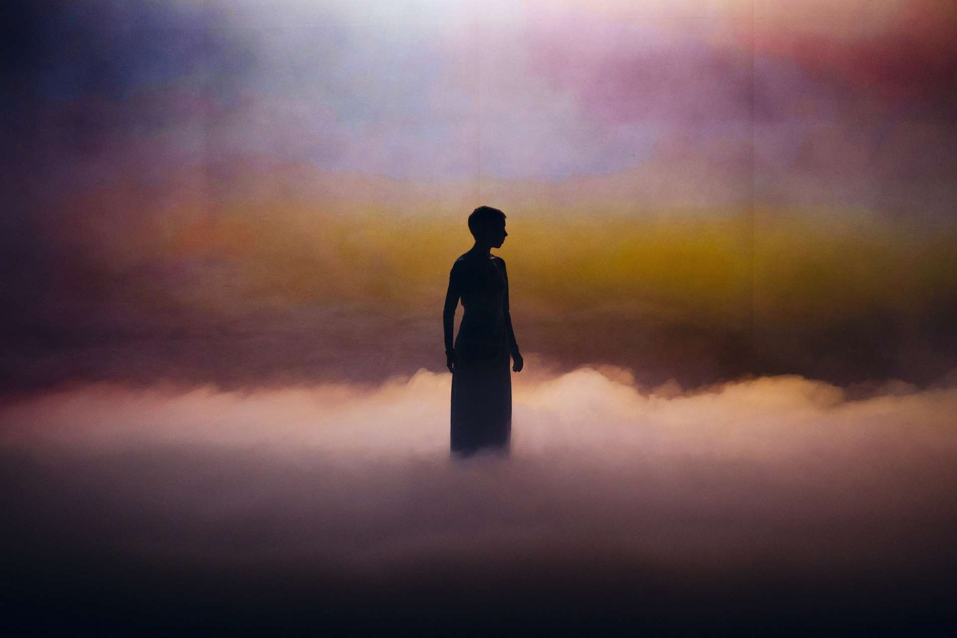 La silhouette sombre d'une femme sur un fond en dégradé jaune, rose et violet. Elle a les cheveux court et porte une robe. Elle est sur scène. Le bas de ces jambes jusqu'à ses genoux est caché par de la fumée épaisse rosée.