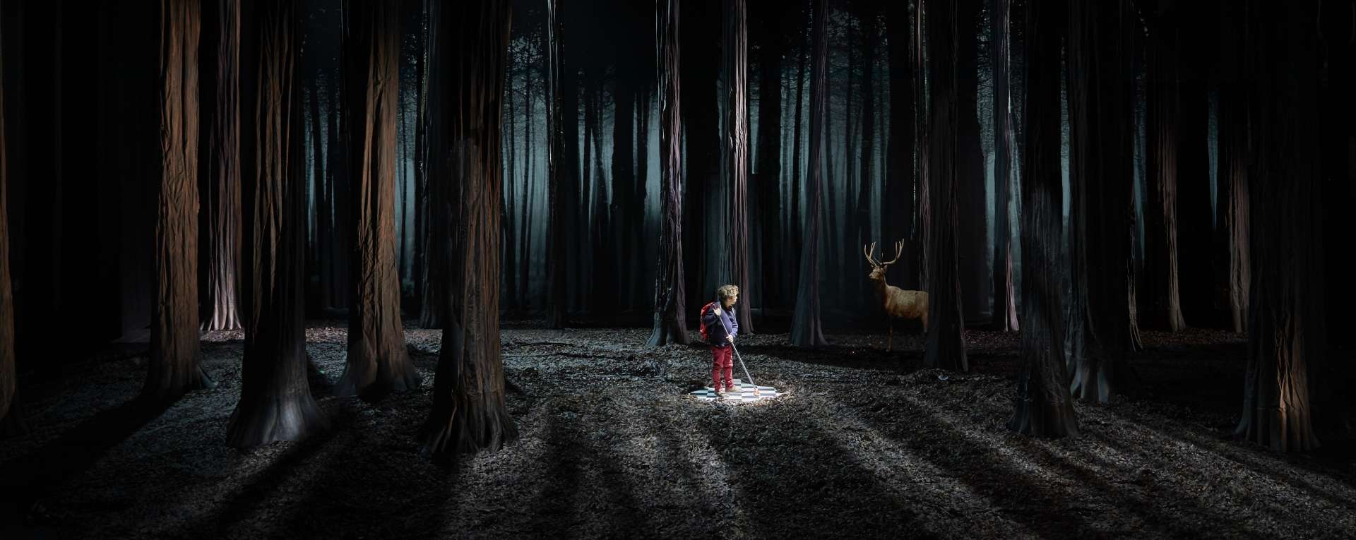 Un petit personnage et un cerf sont au cœur d'une forêt. Ambiance sombre. 