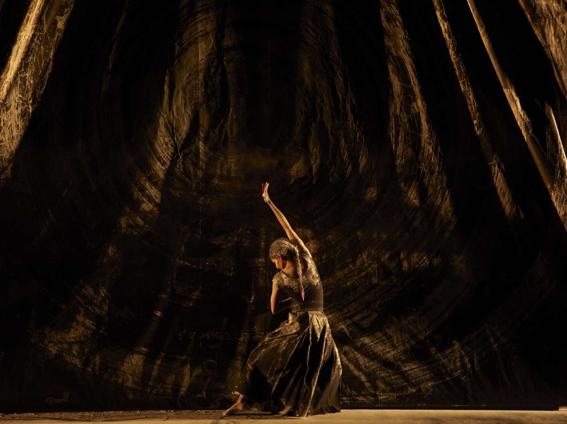 La danseuse Shantala Shivalingappa, de dos en posture de danse indienne, dans la pénombre de la scène