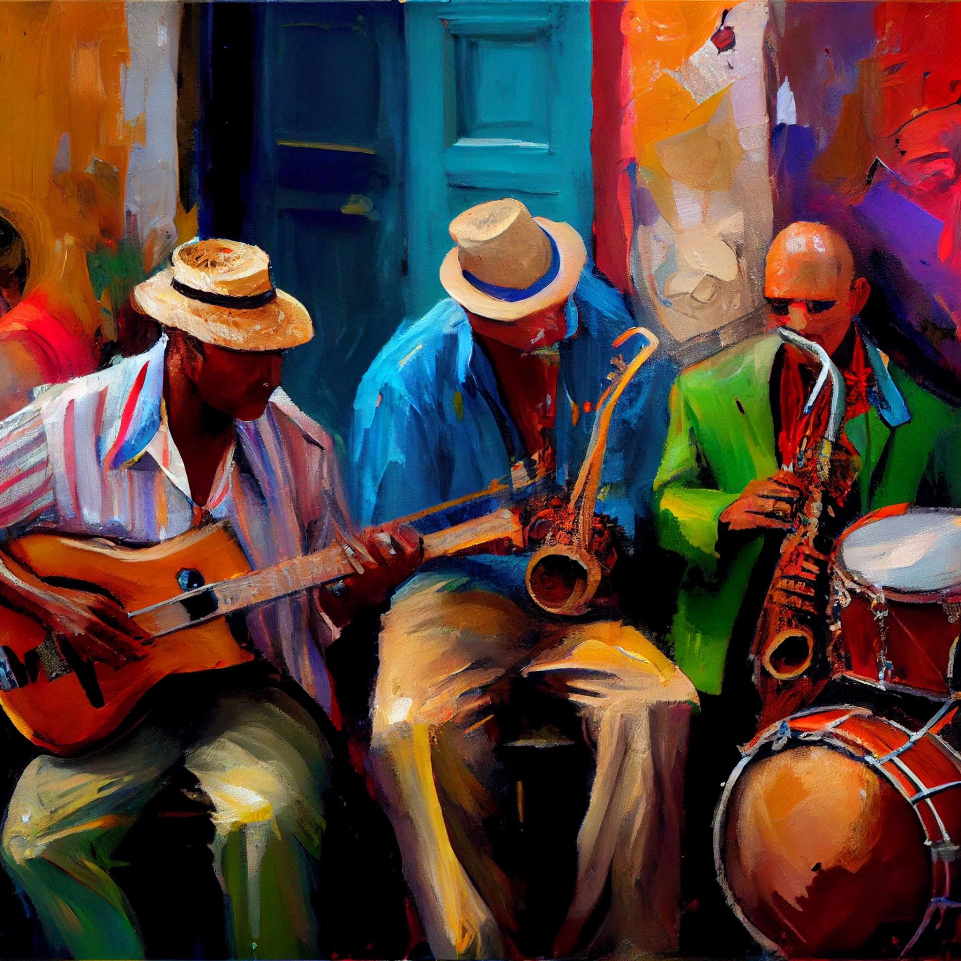 Peinture de 3 hommes qui font de la musique